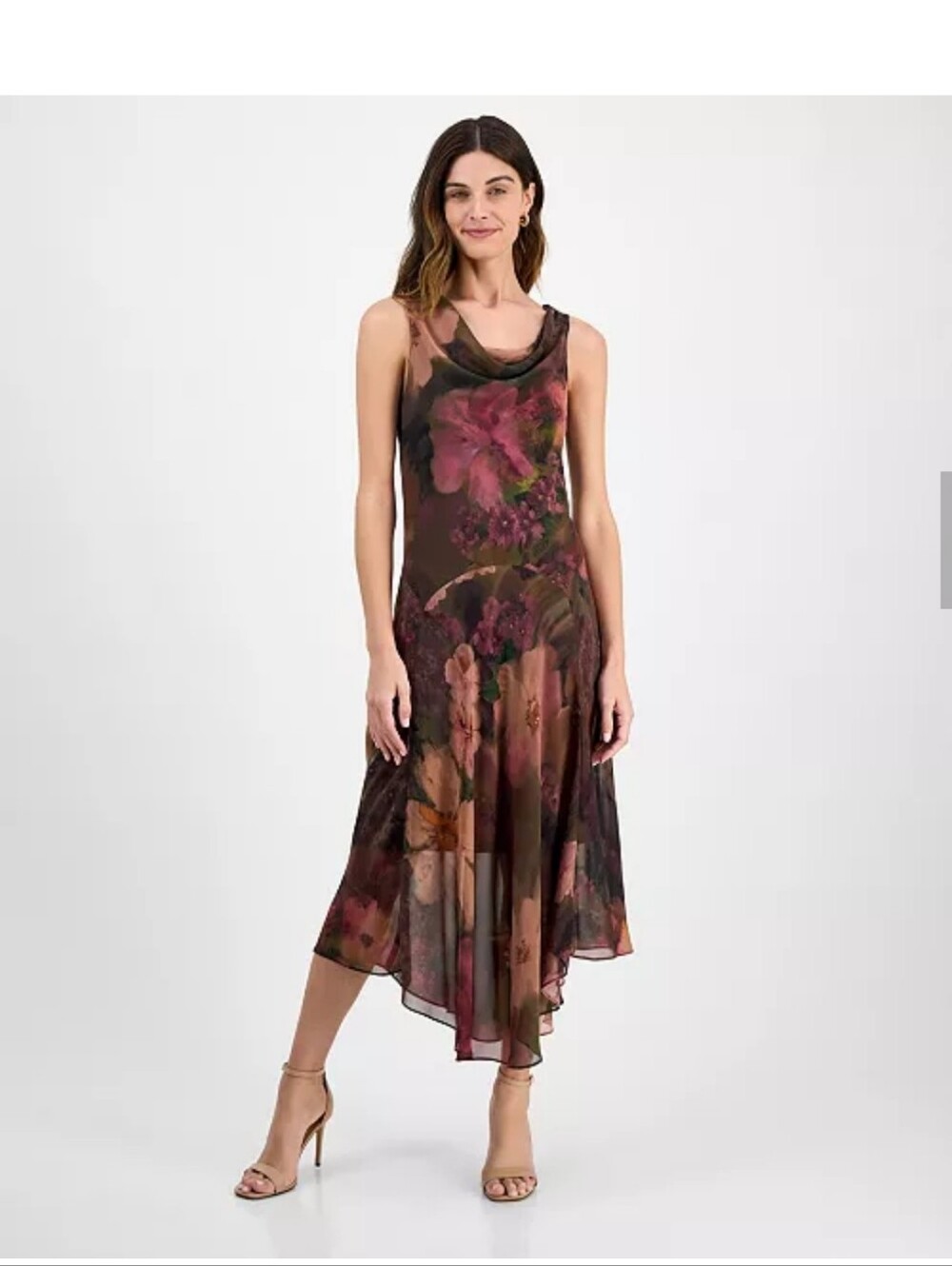 Signature by Robbie Bee 10P Floral Chiffon Cowl Neck Asymmetrical Midi Dress Y2K
